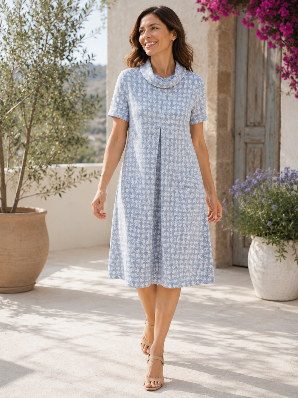 Vestido Tyler Boe Houndstooth XS Azul y Blanco Manga Corta Cuello Elegante Prepp